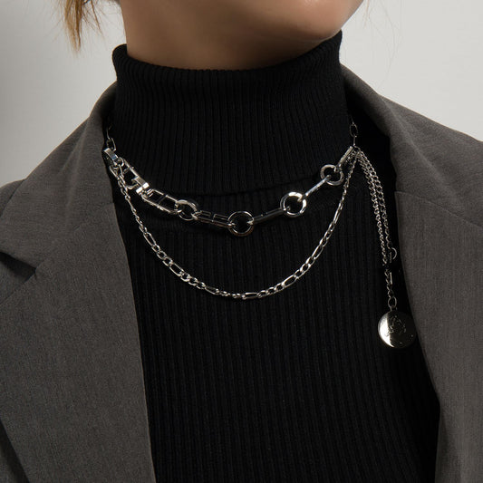Jewelry fashion trend hip-hop ins multi-layered wearing round card pendant personalized splicing necklace