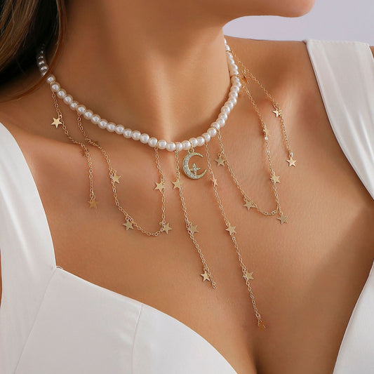 Minority Retro Imitation Pearl Clavicle Necklace Design Sense Diamond Moon Star Tassel Necklace Female