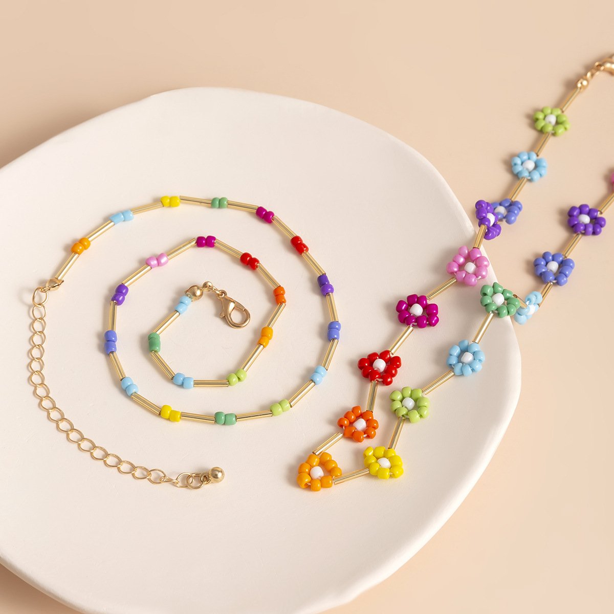 Jewelry Simple Color Clavicle Beaded Necklace Summer Daisy Woven Rice Beads Double Layer Necklace