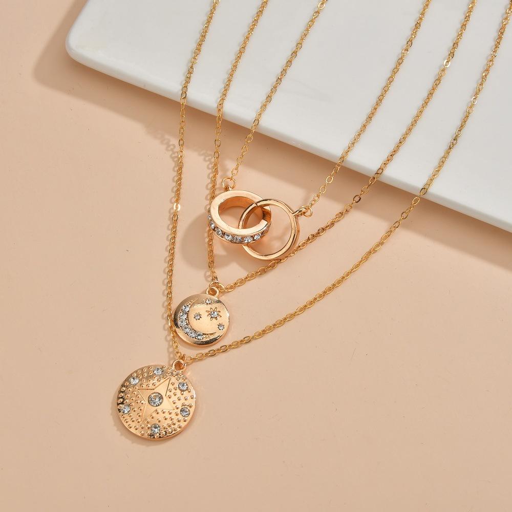 Fashion Alloy Rhinestone Star Moon Pendant Necklace Vintage Multilayer Necklace Accessories
