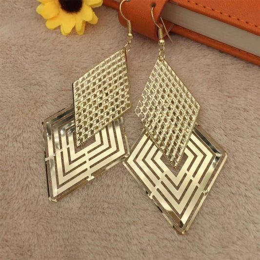 Rhombus Hollow Long Earrings Ladies Multi-level Metal Earrings Exaggerated Geometric Earrings
