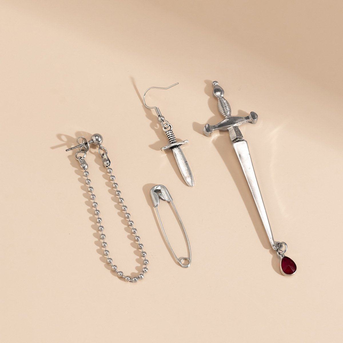 Jewelry Personality Blood Drop Gemstone Pendant Earrings Women's Fashion Street Shooting Metal Sword-shaped Brooch Earrings