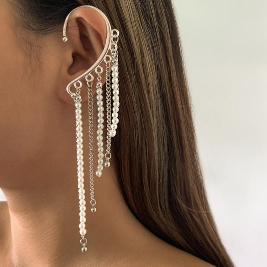 Temperament Pearl Chain Tassel Earrings No Ear Piercing Retro Versatile Metal Design Sense Earrings Female