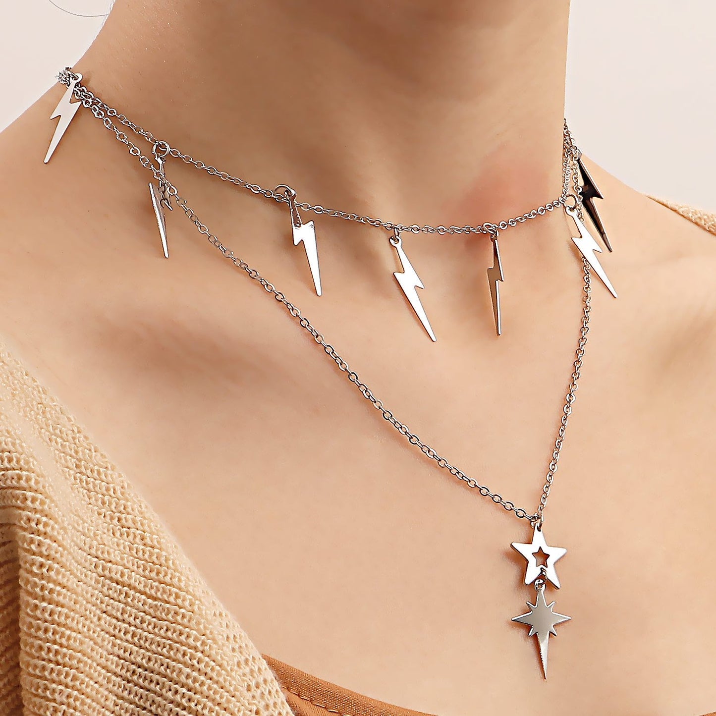 Lightning star stacked multi-layered necklace simple tassel trend clavicle chain set neck chain women's accessories