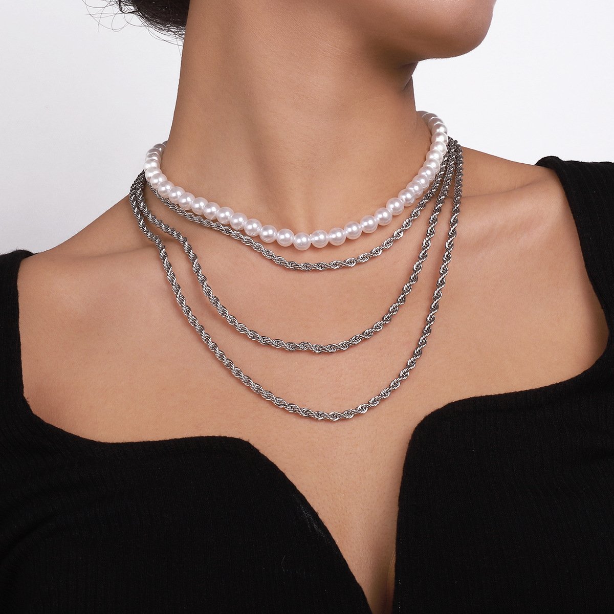 N145 Ethnic Exaggerated Stacked Necklace Pearl Retro Twist Chain Fashion Personality Generous Necklace