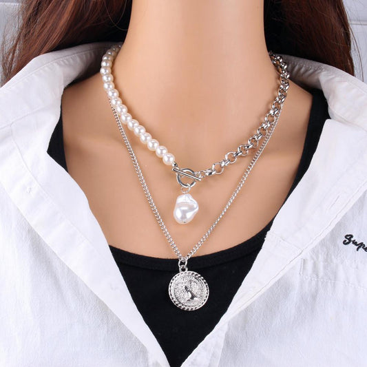 Jewelry special-shaped pearl Baroque pearl retro female image multi-layer OT buckle two-piece necklace