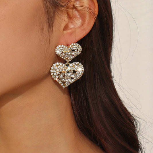 E1286 Exaggerated Earrings Women's Double Love Diamond Light Luxury Earrings Fashion Hong Kong Retro Personality Earrings