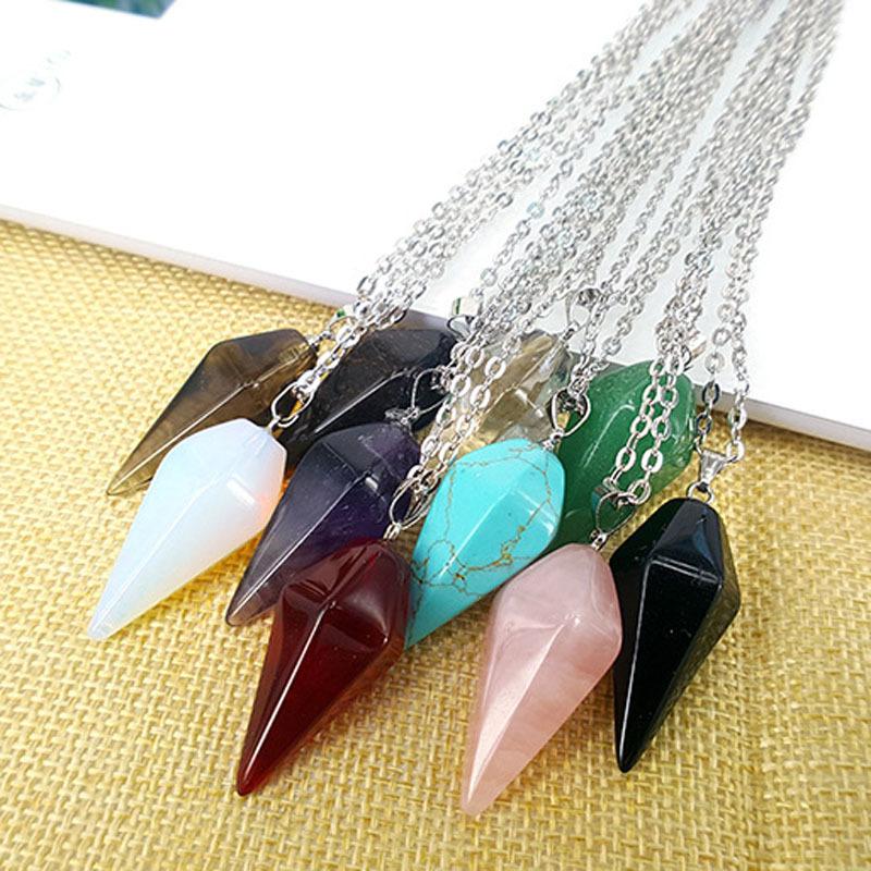 Fashion Natural Stone Crystal Hexagon Taper Pendant Clavicle Chain Necklace