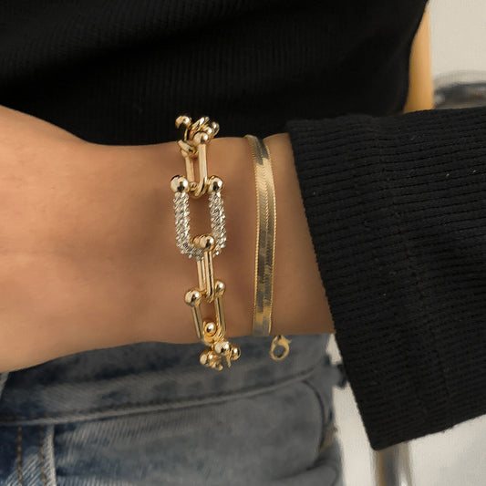 Fashion Trend Diamond U-shaped Buckle Bracelet Set Ornament Hip Hop Metal Flat Snake Chain Bracelet