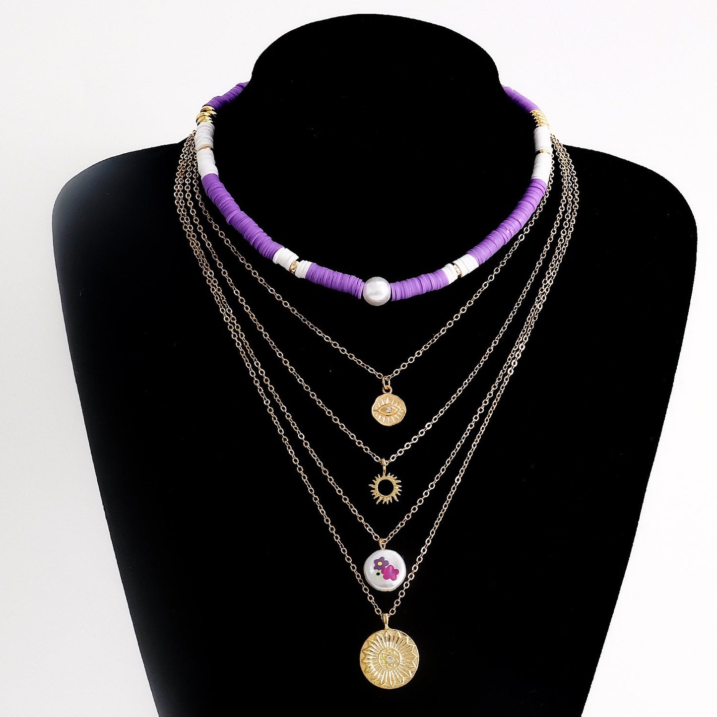 Jewelry Bohemian retro multi-layer color soft pottery geometric round pendant necklace female personality