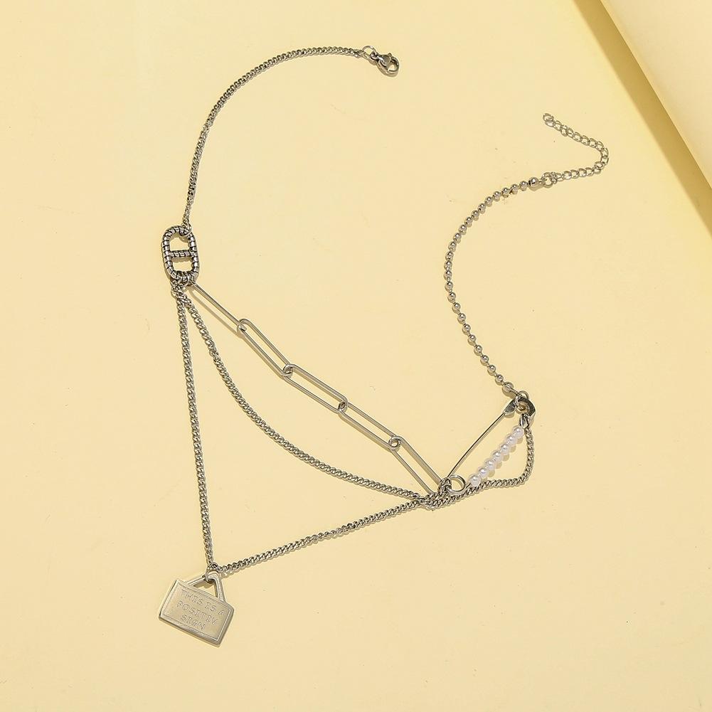 Fashion simple personality stainless steel multi-layer brooch pearl envelope pendant lettering clavicle chain titanium steel necklace