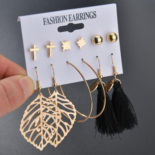 Accessories Pop Leaf Cross Stud Earrings Set Bohemia Tassel Earrings Women