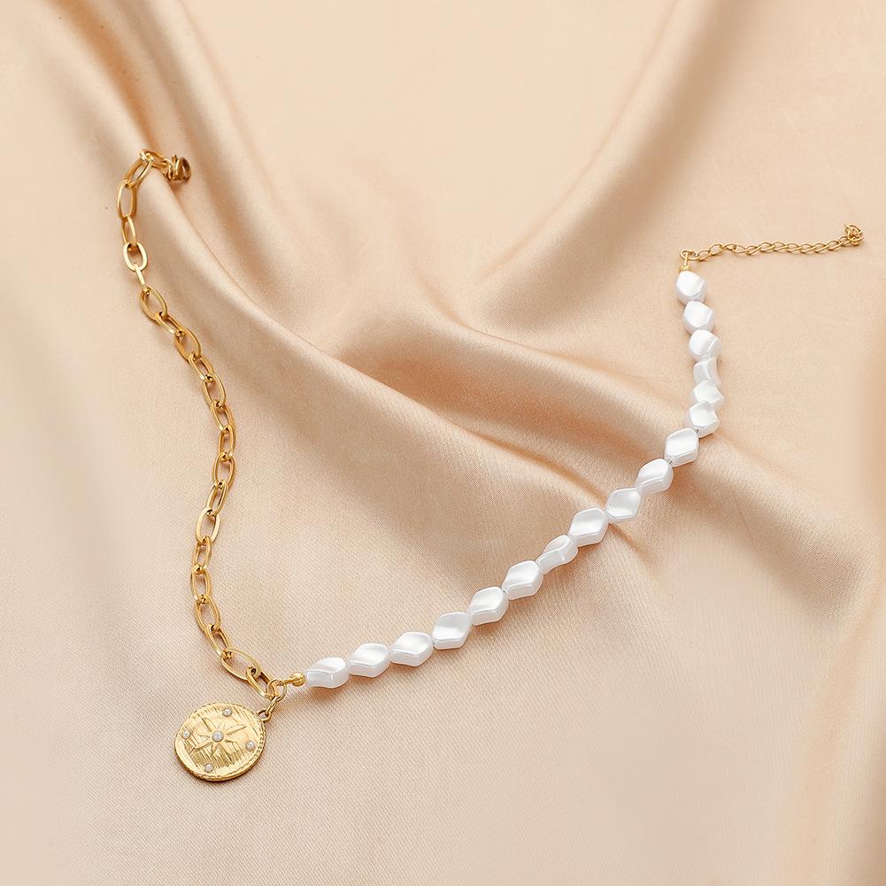 Simple stainless steel gold short round sun coin pendant ins titanium steel pearl necklace female