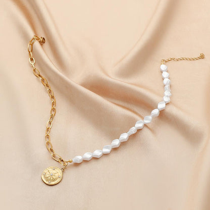 Simple stainless steel gold short round sun coin pendant ins titanium steel pearl necklace female