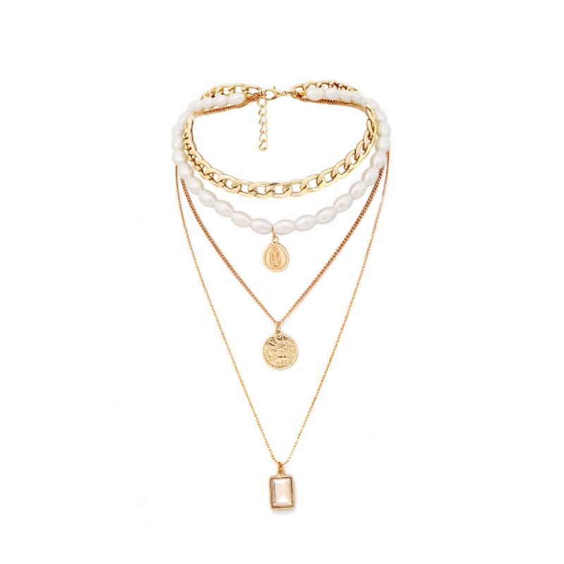 Jewelry Retro Multi-layer Mix and Match Imitation Pearl Necklace Simple Geometric Embossed Necklace Female