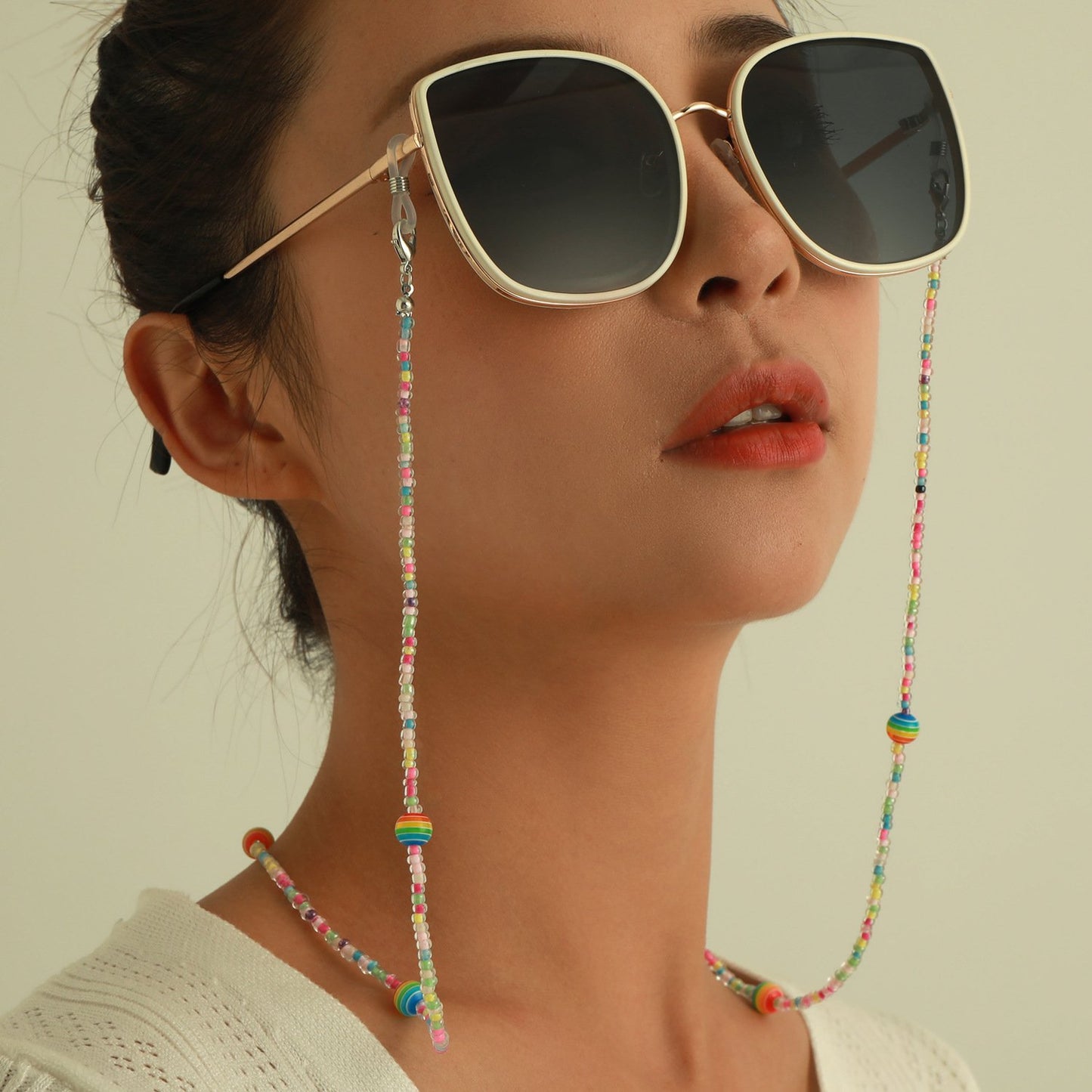 Jewelry rainbow round beads transparent color rice beads glasses chain ladies mask non-slip lanyard