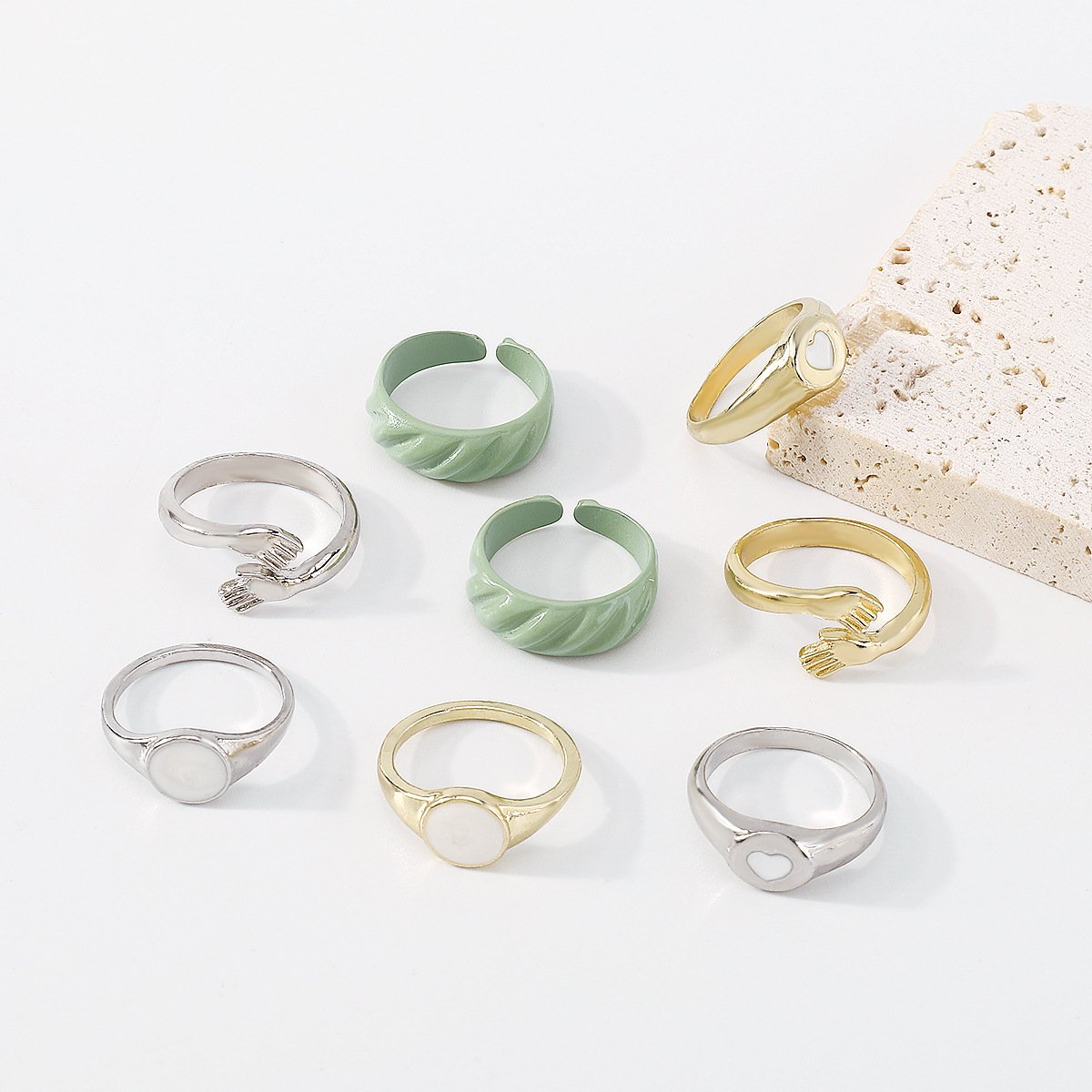 R769 Simple Ring Set Contrasting Color Creative Design Sense Small Palm Love Retro Joint Ring