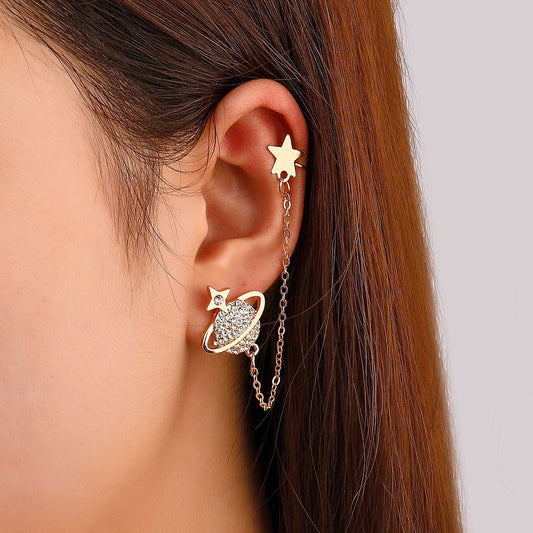 Simple and long chain ear clip single cute and interesting zircon planet hole-free earrings creative earrings