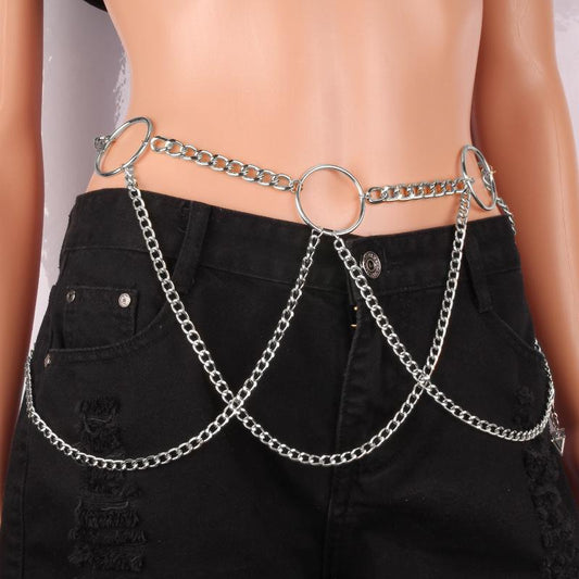 Simple and versatile sexy waist chain ins exaggerated chain tassel geometric ring body chain