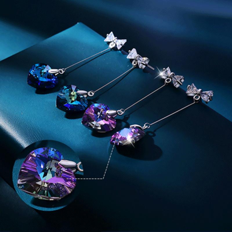 Fashion Ladies Long Color Crystal Diamond Heart Shape Pendant Stud Earrings Bow Knot Earrings Jewelry