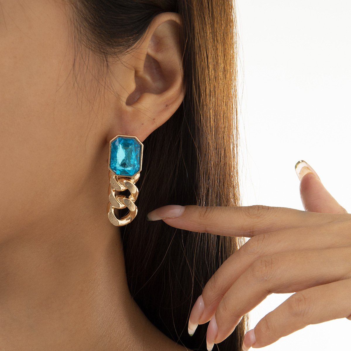 Jewelry temperament simple color imitation gemstone earrings female retro personality metal chain earrings
