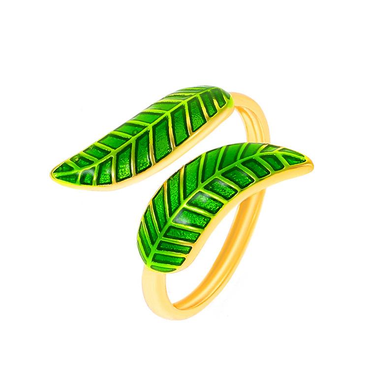 Ins simple leaf ring female Mori super fairy drop oil green leaf geometric opening index finger ring personality ring