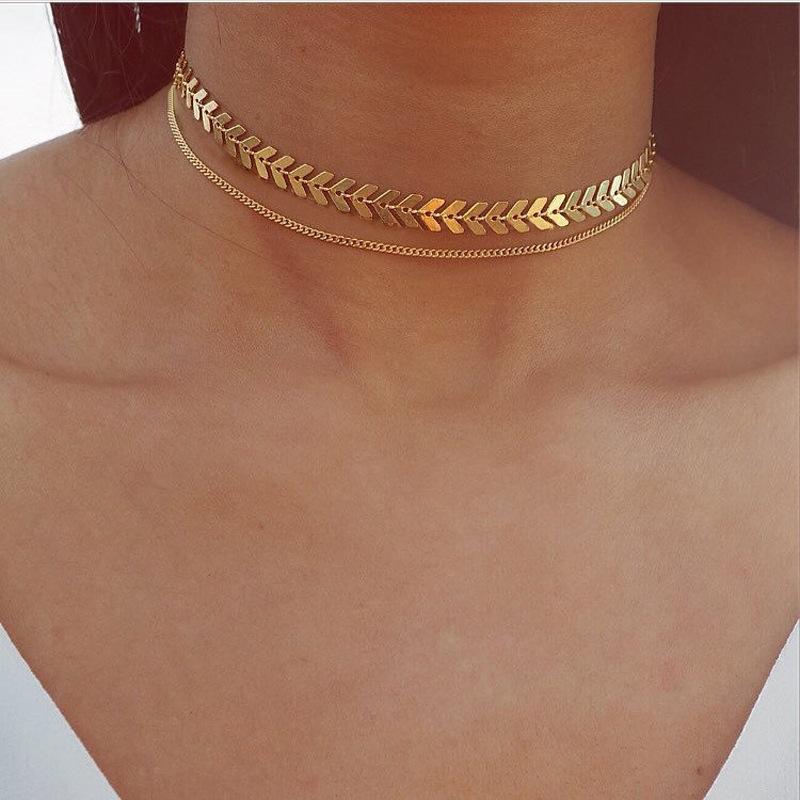 European simple double layered bohemian layered necklace fishbone armband aircraft chain disc sequin necklace