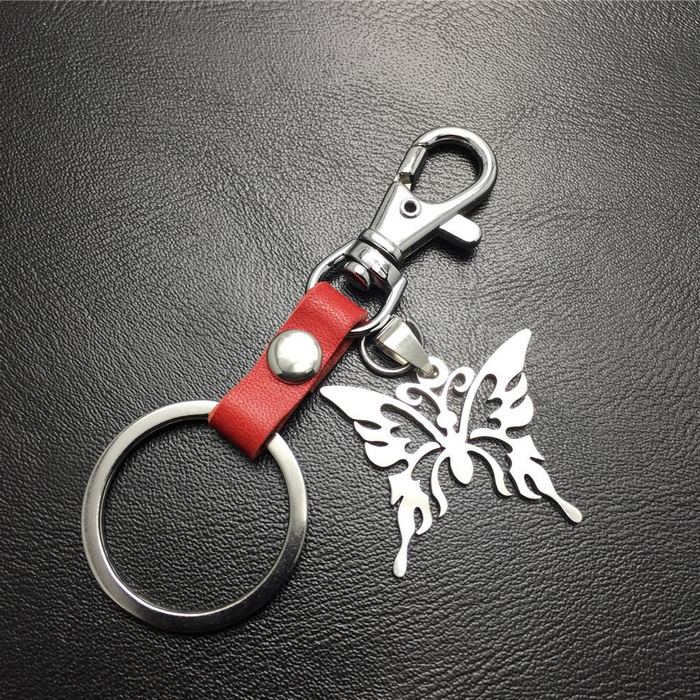 Men and Women Jewelry Titanium Steel Pendant Stainless Steel Hollow Butterfly Pendant Leather Keychain
