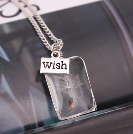 Jewelry Fashion Trendy Long Square Crystal Pendant Wishing Dandelion Necklace