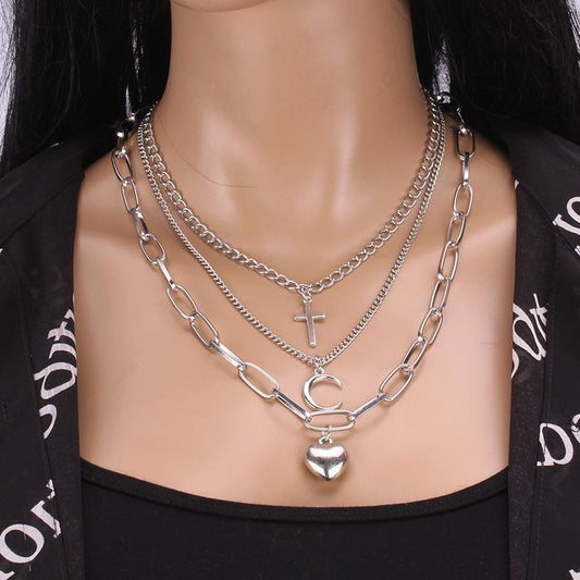 Multi-layer jewelry trend cross moon peach heart decoration ins hip-hop jumping disco necklace