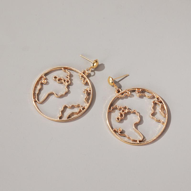 Exaggerated map earrings creative design world map earrings earrings simple round hollow earrings