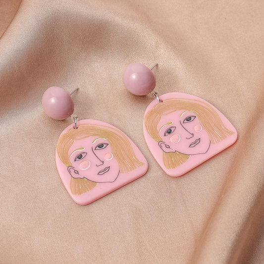 Retro Pink Beauty Acrylic Graffiti Earrings Cute Personality Geometric Design Touching Face Earrings