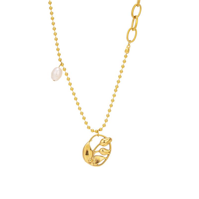 Niche light luxury design embossed tulip necklace female freshwater pearl drop glaze rose necklace retro