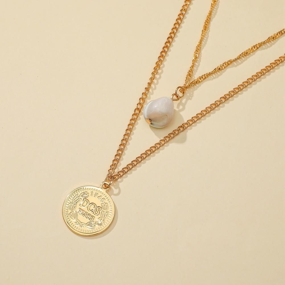 INS jewelry temperament simple freshwater pearl retro metal coin pendant fashion double layer necklace