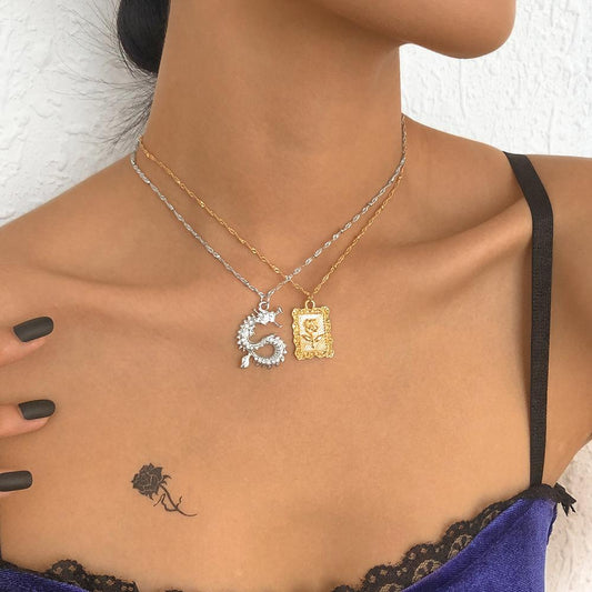N9271 Double Necklace Square Brand Rose Embossed Necklace Chinese Dragon Micro-inlaid Temperament Necklace for Women