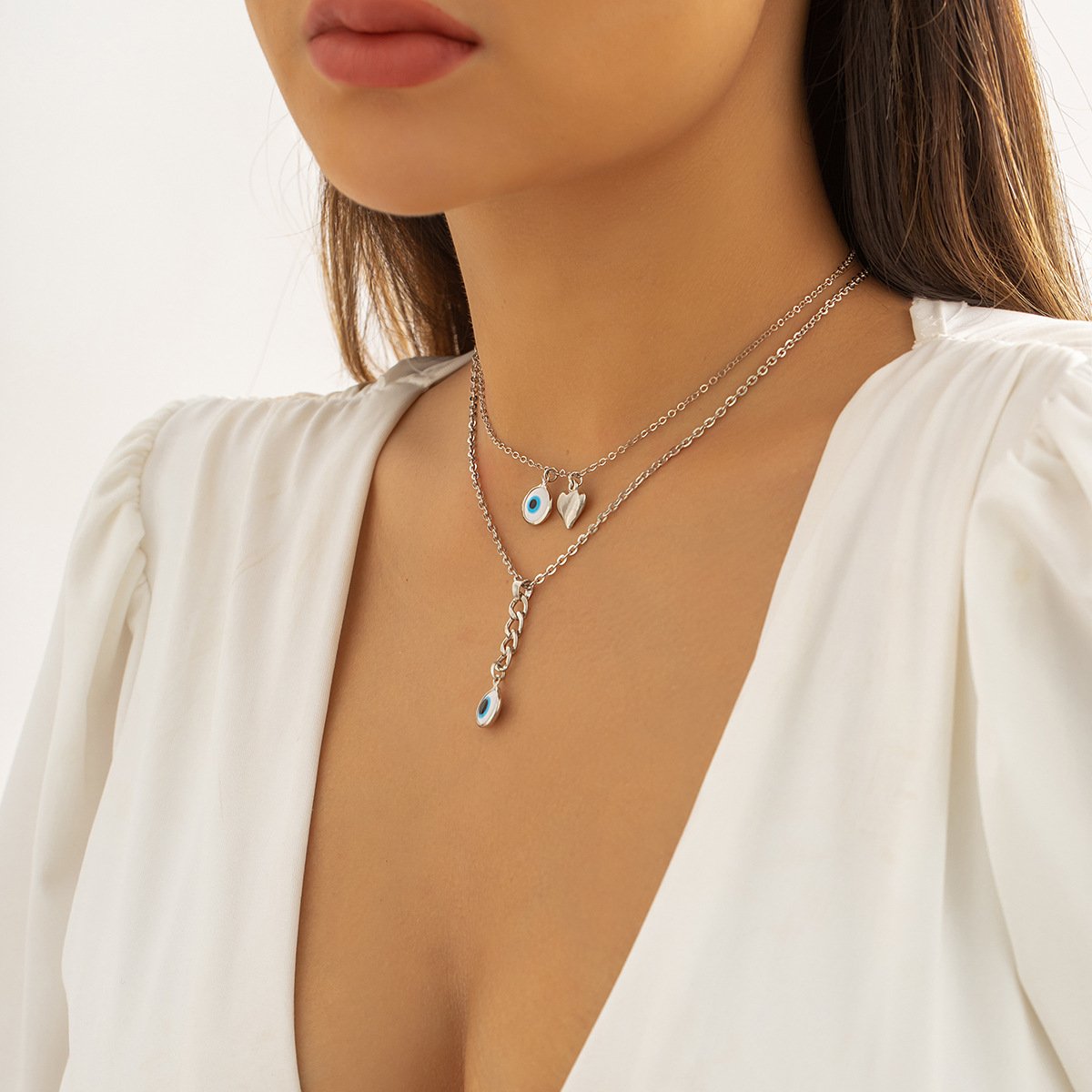 Jewelry simple eye heart-shaped pendant tassel double layer necklace versatile thin chain geometric necklace