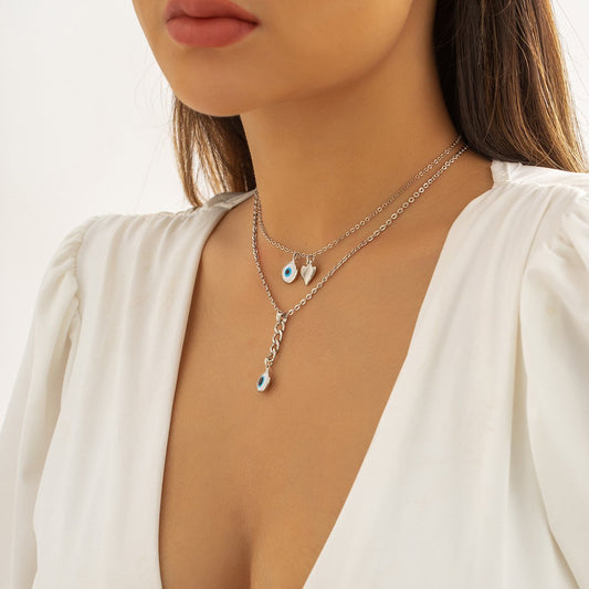 Jewelry simple eye heart-shaped pendant tassel double layer necklace versatile thin chain geometric necklace