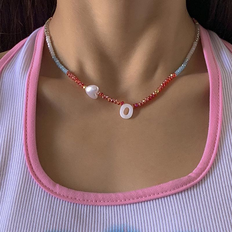 Simple peach heart imitation pearl letter necklace choker color crystal beaded clavicle necklace