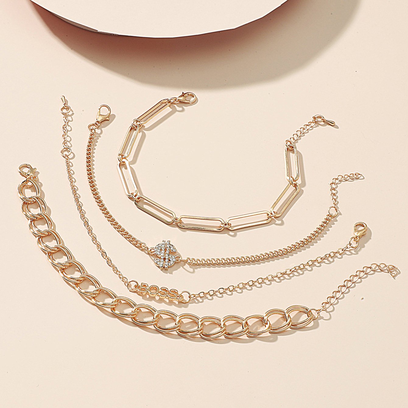 Fashion multi-layer chain anklet set ins personality metal geometric crown love bracelet 4 pieces set for women