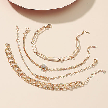 Fashion multi-layer chain anklet set ins personality metal geometric crown love bracelet 4 pieces set for women