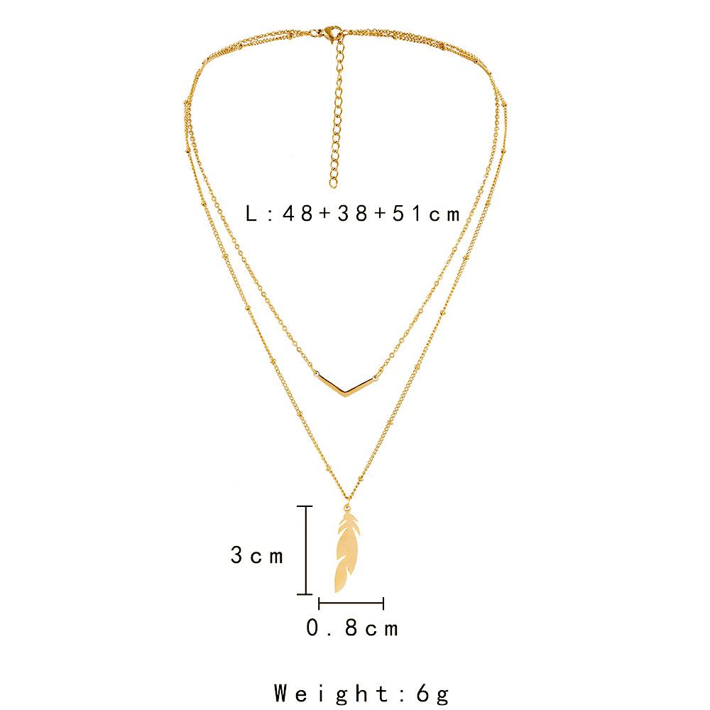 Trendy white tower fashion leaf double-layer stainless steel golden V-shaped leaf feather niche design clavicle chain