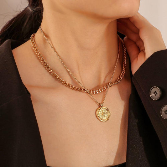 Jewelry Creative Astronomical Compass Retro Round Card Pendant Fashion Double Compass Hip Hop Necklace