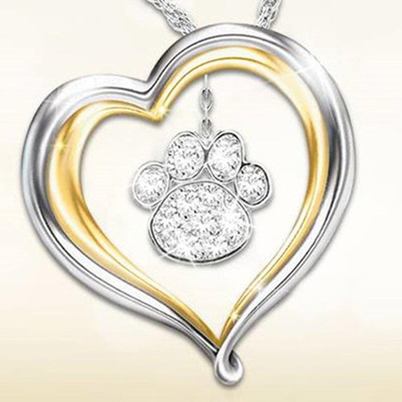 Fashion Ladies Two Color Heart Shape Water Diamond Cat Paw Pendant Necklace Head Jewelry