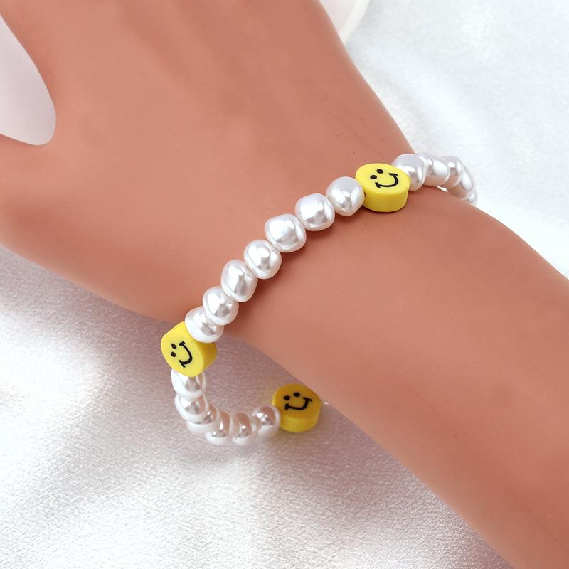 Jewelry ins pearl soft pottery smiling face beaded 42cm necklace stretchable elastic rope bracelet ring