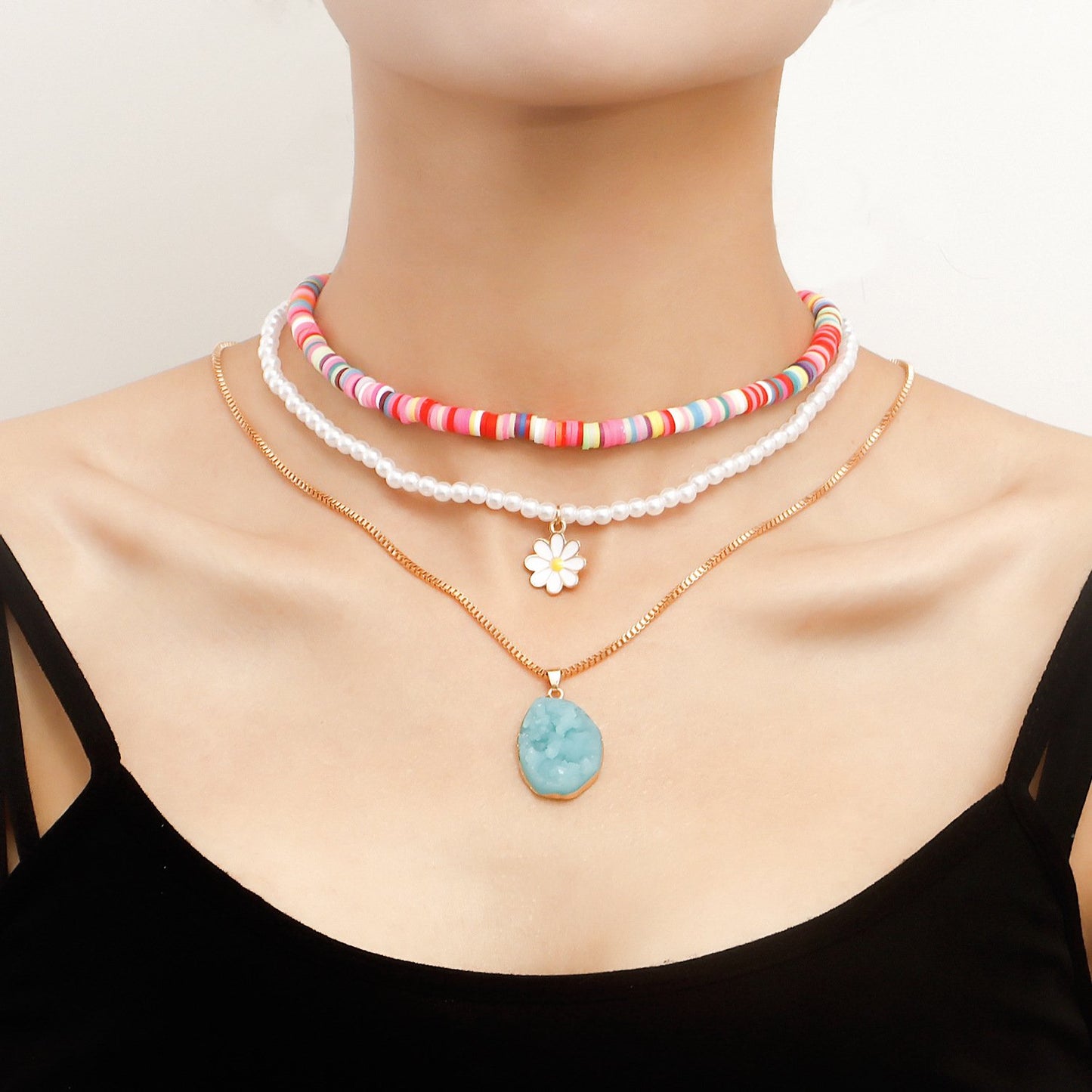 Jewelry Bohemian multi-layer color soft pottery imitation pearl female necklace ins niche design