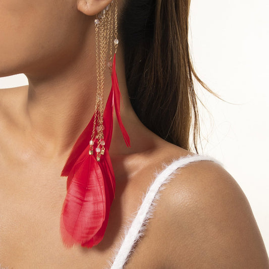 Jewelry Bohemia Long Tassel Feather Earrings Temperament Geometric Chain Crystal Earrings