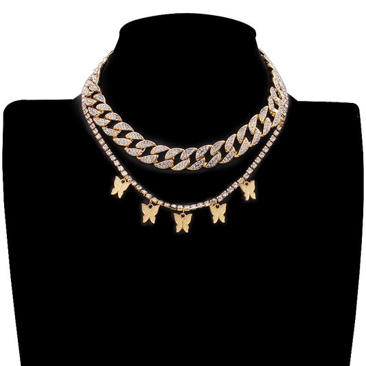 Alloy Jewelry Fashion Simple Diamond Clavicle Necklace Retro Versatile Multi-layer Butterfly Set Chain