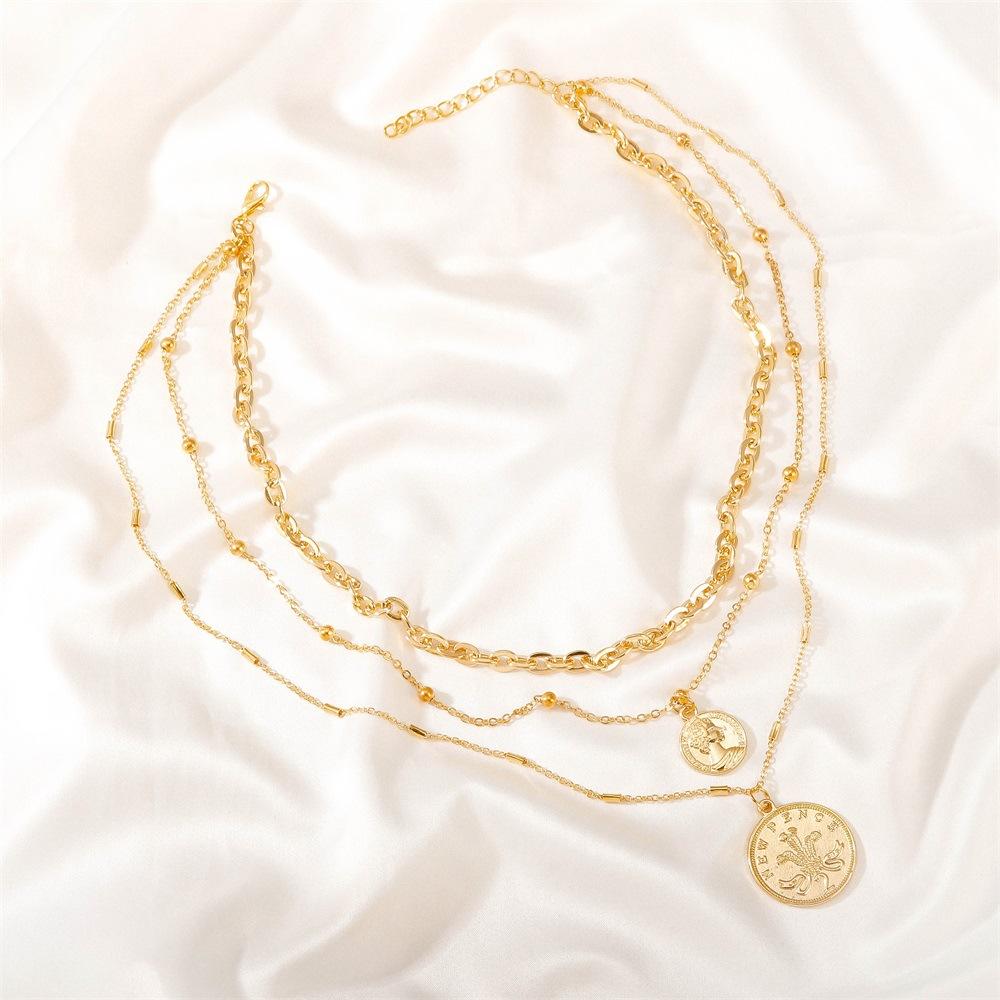 Ins exaggerated multi-layer portrait necklace punk hip-hop trendy metal thick chain stacked coin necklace female