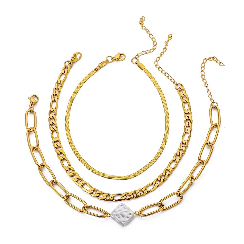 Stainless steel gold three-layer chain diamond-shaped pearl anklet titanium steel foot decoration niche design sense for women