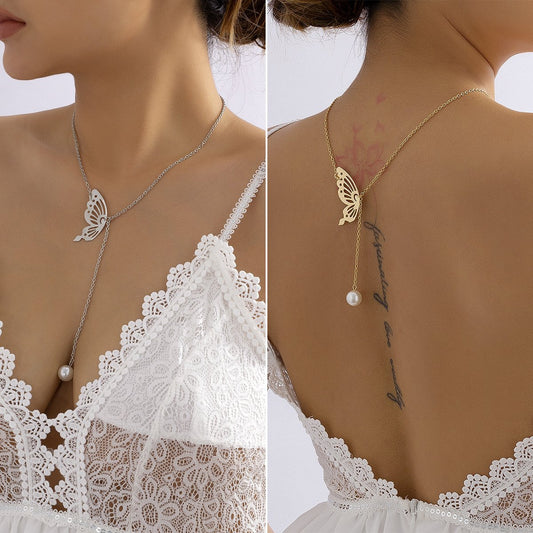 Jewelry Simple Geometric Two-Wear Temperament Necklace Creative Hollow Butterfly Imitation Pearl Necklace Female